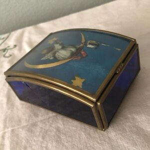 Vtg Enesco angel on moon Musical Wind Jewerly Trinket Brass Mirror Glass Box